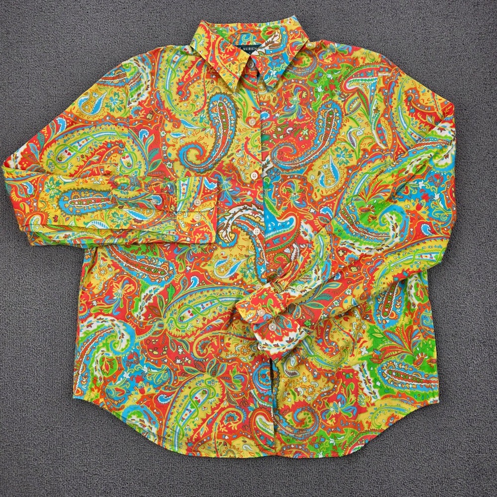Lauren Ralph Lauren Womens Large Paisley Cotton Button Down‎ Shirt Multi-Color